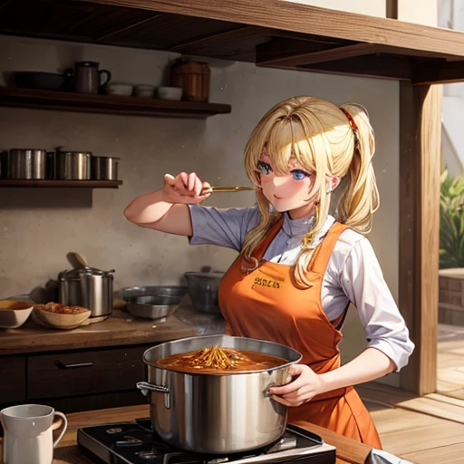A blonde woman making chanko curry　huge pot