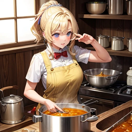 A blonde woman making chanko curry huge pot