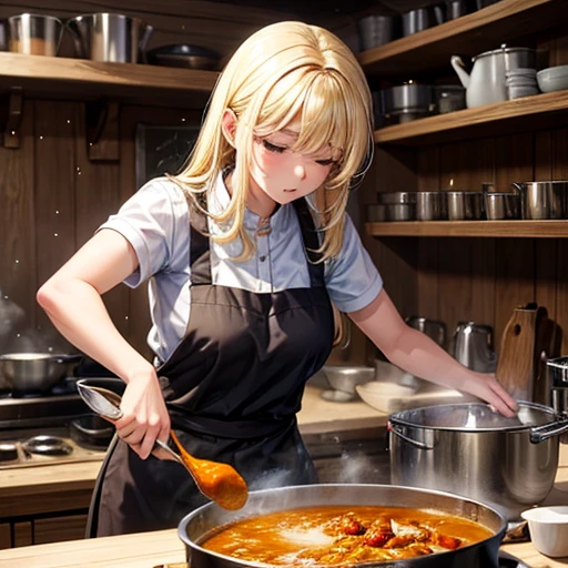 A blonde woman making chanko curry　huge pot