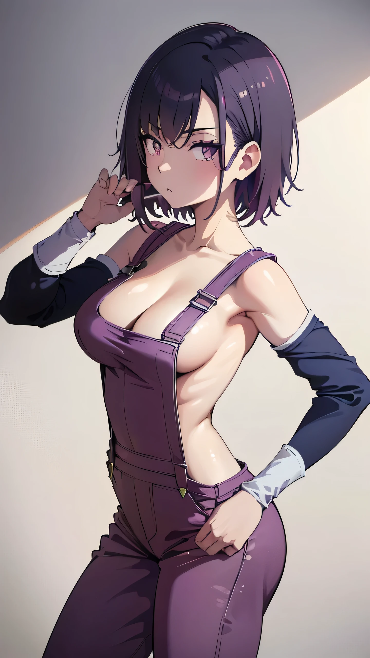 ((Best Quality, 8K, Masterpiece: 1.3)), (ultra-detailed), MShizukaV4, 1girl, shiny skin, sharp, Perfect Body Beauty, realistic shaded perfect body,dynamic pose, "(overalls , naked :1.2)" , purple short hair, big breasts , (brush:1.1) , (paint:1.1)