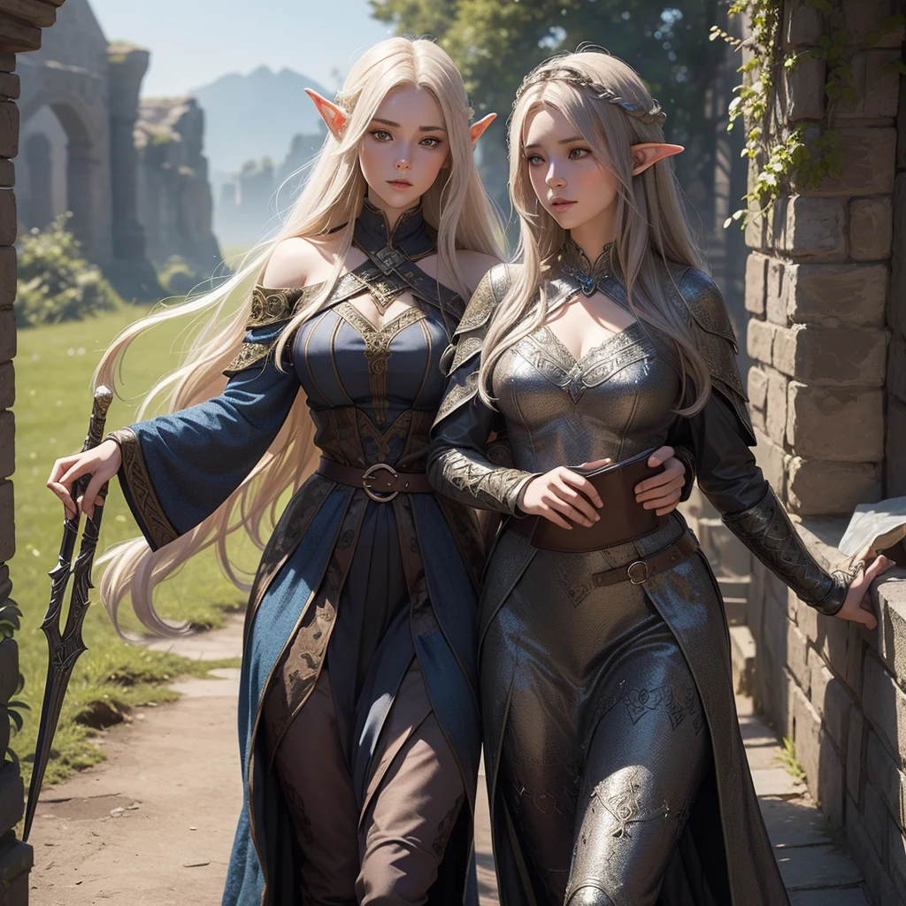 Generate image in medieval fantasy art style, OpenArt SDXL model. Twin daughters of Dyron: one in elegant elven chainmail, the other in a traditional Viking dress. Both have long, flowing hair and fierce expressions.