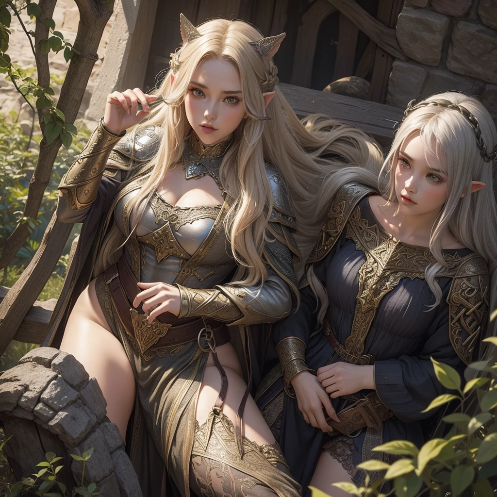 Generate image in medieval fantasy art style, OpenArt SDXL model. Twin daughters of Dyron: one in elegant elven chainmail, the other in a traditional Viking dress. Both have long, flowing hair and fierce expressions.