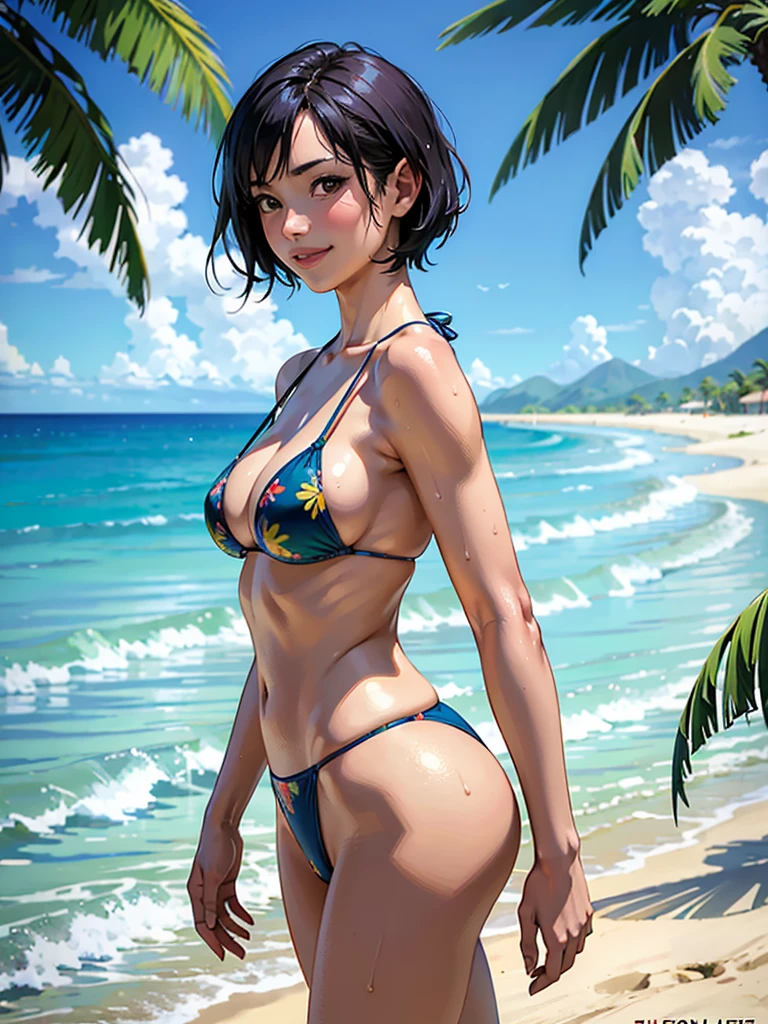 ((highest quality, masterpiece, High resolution)), ((reality)),Photos of beautiful Japanese women,((anime art))、 (((1 girl))), normal size breasts, slim body shape, medium short hair, double eyelid, Wet see-through micro bikini, A pareo with bold ethnic patterns and plenty of primary colors、realistic skin、Wet,whole body,cinematic light、tropical、Against the background of palm trees on both sides、on a sunny beach、With the sea in the background、blur background、smile