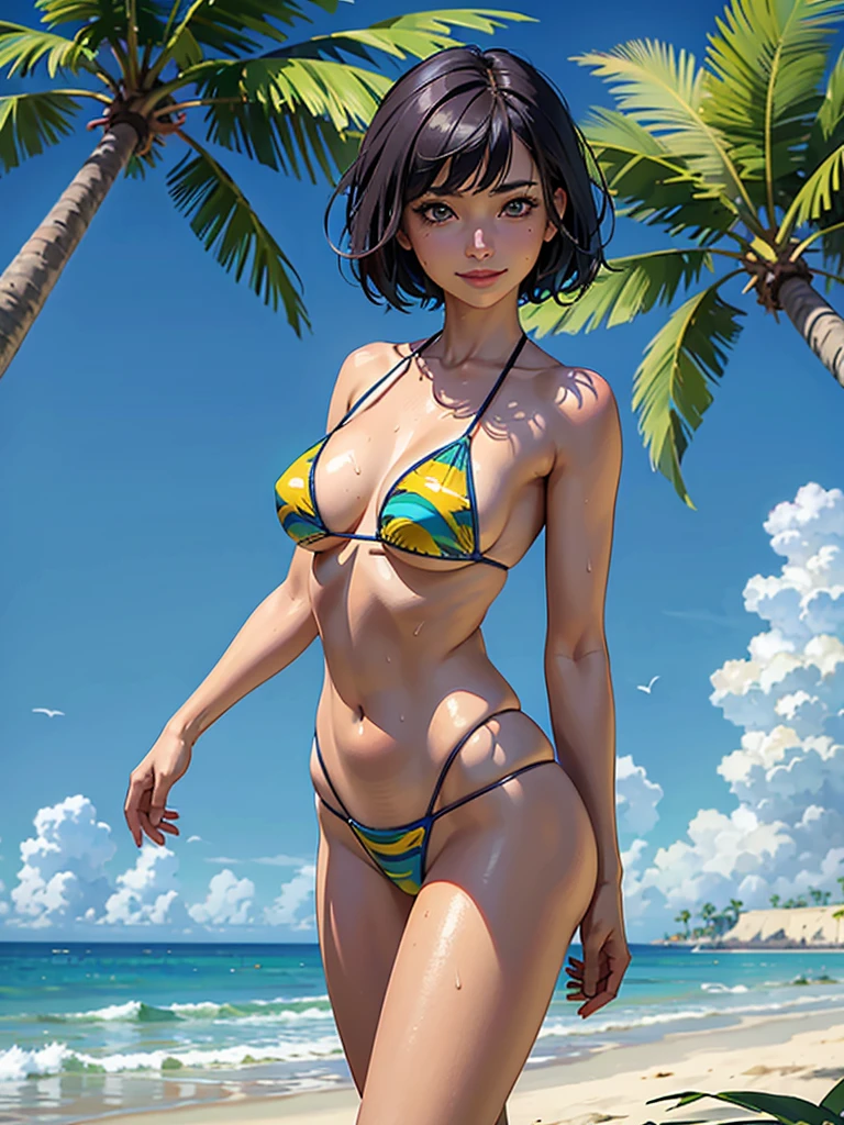 ((highest quality, masterpiece, High resolution)), ((reality)),Photos of beautiful Japanese women,((anime art))、 (((1 girl))), normal size breasts, slim body shape,  medium short hair, double eyelid, Wet see-through micro bikini,  A pareo with bold ethnic patterns and plenty of primary colors、realistic skin、Wet,whole body,cinematic light、tropical、Against the background of palm trees on both sides、on a sunny beach、With the sea in the background、blur background、smile