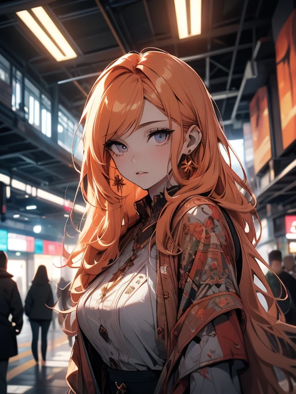 (masterpiece, best quality), Unbelievably absurd, Very detailed, very long hair, (girl with ginger hair:1,5), ((18 year old woman, very long wavy hair)), (slightly closed eyes, mysterious smile)