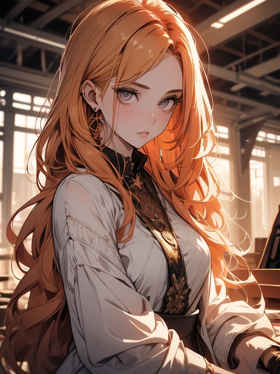 (masterpiece, best quality), Unbelievably absurd, Very detailed, very long hair, (girl with ginger hair:1,5), ((18 year old woman, very long wavy hair)), (slightly closed eyes, mysterious smile)