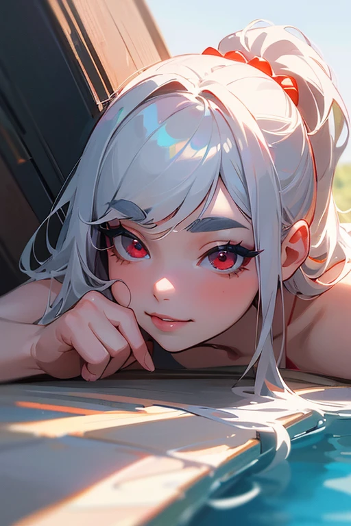 (Highest quality, masterpiece:1.2), (High resolution, 最高masterpiece).(difficult).Very detailed, Realistic:1.37, Fantasy, An illustration,Gray Hair、 Red eyes、Queen, White and blue dress、beautifully、Eyeshadow Red、Thick eyebrows、Long eyelashes、pupils are black、shiny on the lips、Top Sites、Queen、Princess、A kind smile、Smile with some teeth showing、nothing、Soft impression、people々々々々々Loved by、Slimming the face、Shoulder Bare、ponytail、Kissing Face、Long white hair、Shaggy Bangs、Save face image、(sexy)、(Pool)、(look up)、((bikini)).(bright)