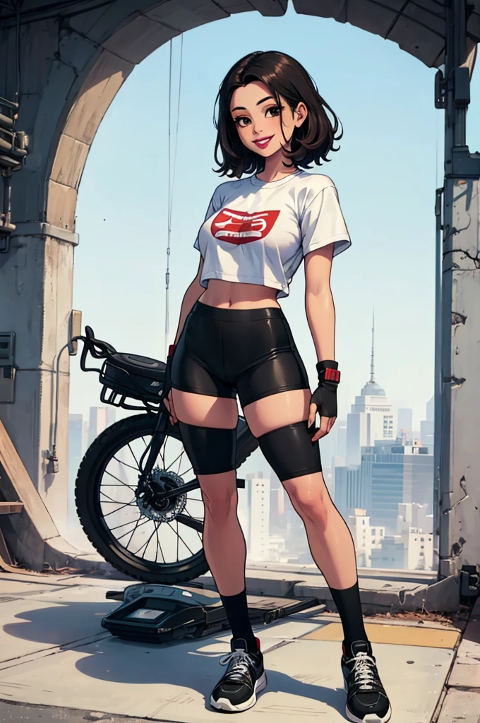 green solid background, 1 woman, best quality, ultra high res, straight ironed hair, full lips, red lipstick, black hair, brown eyes, filipino, biker shorts, cropped white t-shirt, short sleeves, smiling at viewers, wearing white sneakers, double D breast, standing, full body