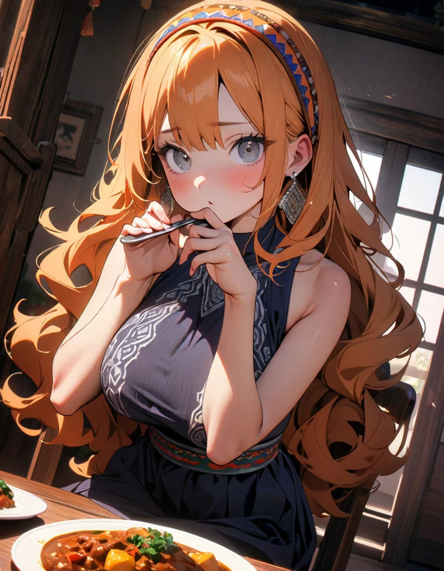(8K, best quality, master piece: 1.2),super high resolution,1 girl,solo,16yo,ultra-detailed face,detailed eyes,Grey eyes,curly hair,long hair,orange hair,lash extension,big breasts,bohemian pattern no sleeve maxi dress,bohemian pattern band,anasitting on chair,bohemian earrings,perfect fingers,smaile,holding spoon,sitting on chair,plate on curry rice,Ganesha figurine on the windowsill,Dynamic angle,Studio Light,indoors bohemian living room