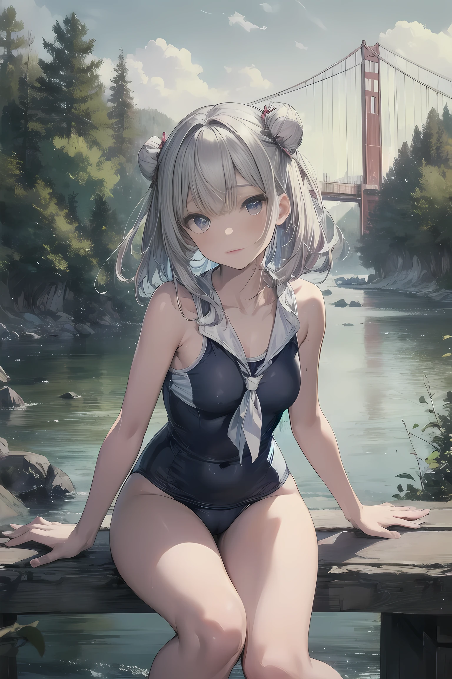 (NSFW:1.1), masterpiece, Highest quality, Ultra-high resolution, Highest Resolution, Very detailed, cowboy shot, very cute, Complete limbs, Shining Eyes, Full Finger, Slender beauty, Tiny breasts, Silver Bun Hair, Embarrassed look, Writhing expression, School swimsuit, Glowing Skin, squat with knees up, River side, turee, suspension bridge, (Wind:1.2)