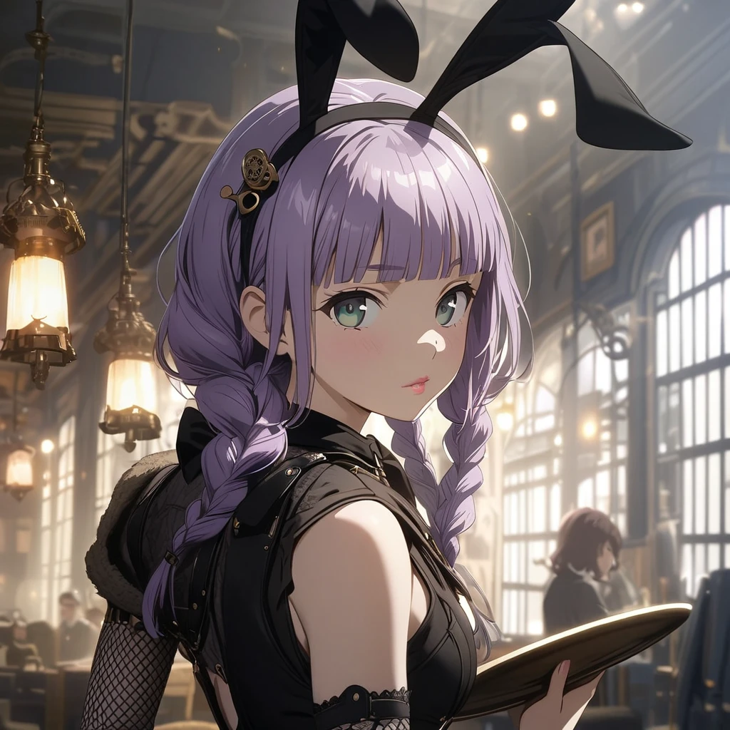 (Cute a girl:1.5), (a girl with closs hair pin, pale purple hair, wavy two braids, blunt bangs hair, green and black eyes, closs hair pin,pink lips,
:1.4), soft cleans,anime visual, (tilt head:1.3), realistic lighting and shading, (an extremely delicate and beautiful art:1.3),muted colors,Steampunk, black playboy bunny Black leather leotard, black fishnet stockings, small ass,, black rabbit ears, carrying a tray with a cocktail in one hand, from behind, looking back at viewer,