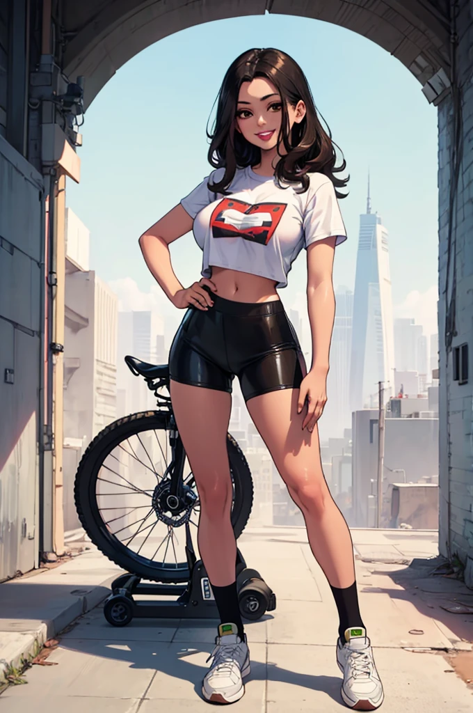 green solid background, 1 woman, best quality, ultra high res, straight ironed hair, full lips, red lipstick, black hair, brown eyes, filipino,  biker shorts, cropped white t-shirt, short sleeves, smiling at viewers, wearing white sneakers, double D breast, standing, full body