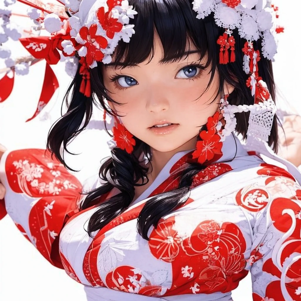 (((White Background、White world)))、、unity 8k wallpaper、Very detailed、beautifully、beautiful、masterpiece、highest quality、(Zentangle、Mandala、Tangle、Tangle)、(Fractal Art:1.3)、One Girl、Beautiful black hair、Japanese、Big pink、red kimono、Japanese clothing、Very detailed、Dynamic Angle、Cowboy Shot、Chaos in its most beautiful form、elegant、Brutalist Design、Vibrant colors、Romance、atmosphere、Ecstasy Note、Streaming notes are displayed、(((White Background、Pure white background、Red circle)))