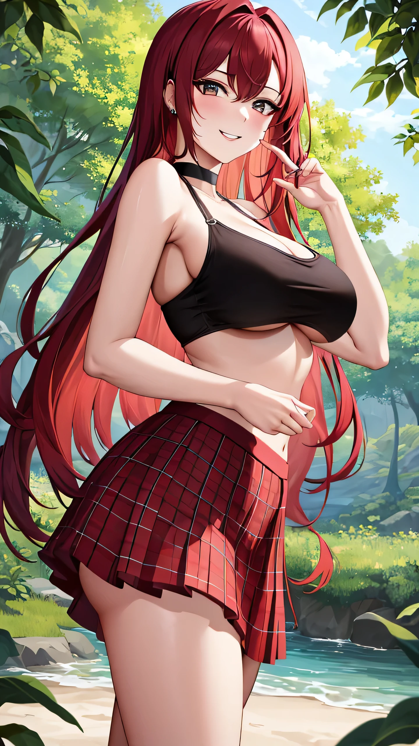 Masterpiece artwork, best qualityer, highres, 1girl, sexly, sensuous, big-ass, big boobies,Red hair, long hair, multicolored hair, Eyes red, jewelly, earrings, piercing,  Bikini, black choker, plaid hip skirt, ssmile, ssmile, standingn, tiro de cowboy, plein-air,