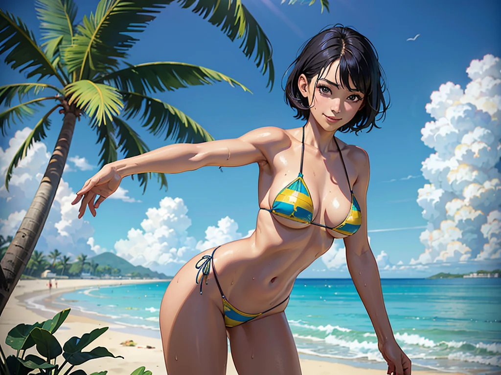 ((highest quality, masterpiece, High resolution)), ((reality)),Photos of beautiful Japanese women,((anime art))、 (((1 girl))), normal size breasts, slim body shape, medium short hair, double eyelid, Wet see-through micro bikini, A pareo with bold ethnic patterns and plenty of primary colors、realistic skin、Wet,whole body,cinematic light、tropical、Against the background of palm trees on both sides、on a sunny beach、With the sea in the background、blur background、smile