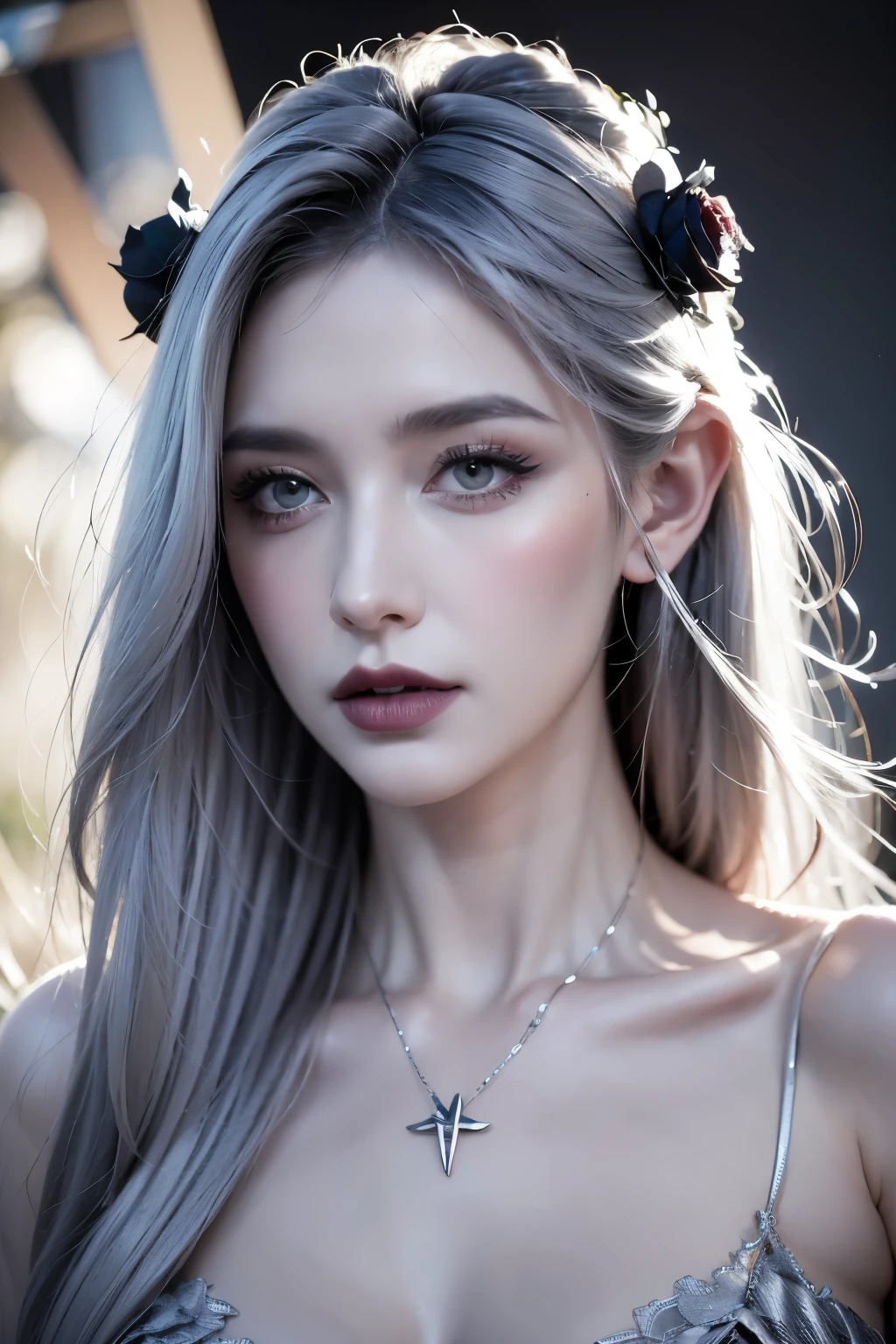 A pale goth woman with black roses in her hair, grey eyes and silver makeup wearing an elaborate headdress made of lace and thorns, a pentagram necklace around her neck and flowers on top of her head, digital art in the style of daniel f gerhartz and Ray Caesar, detailed portrait