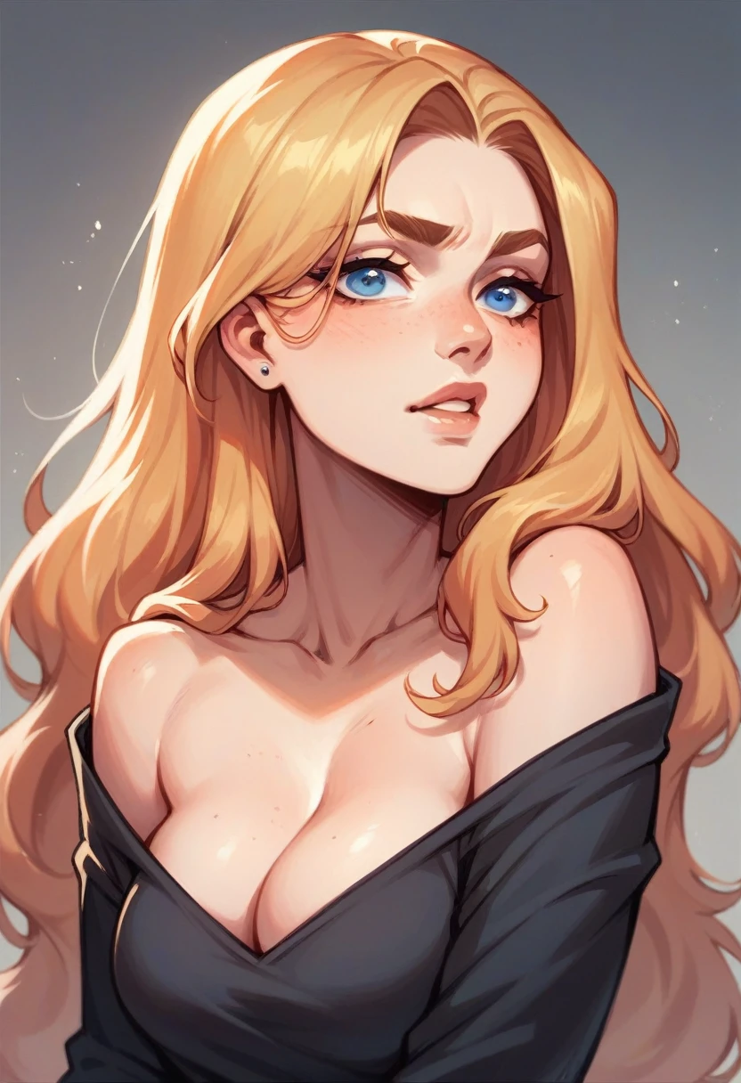 nerdy woman, Black Clothing With A P on the Chest long hair, blue eyes