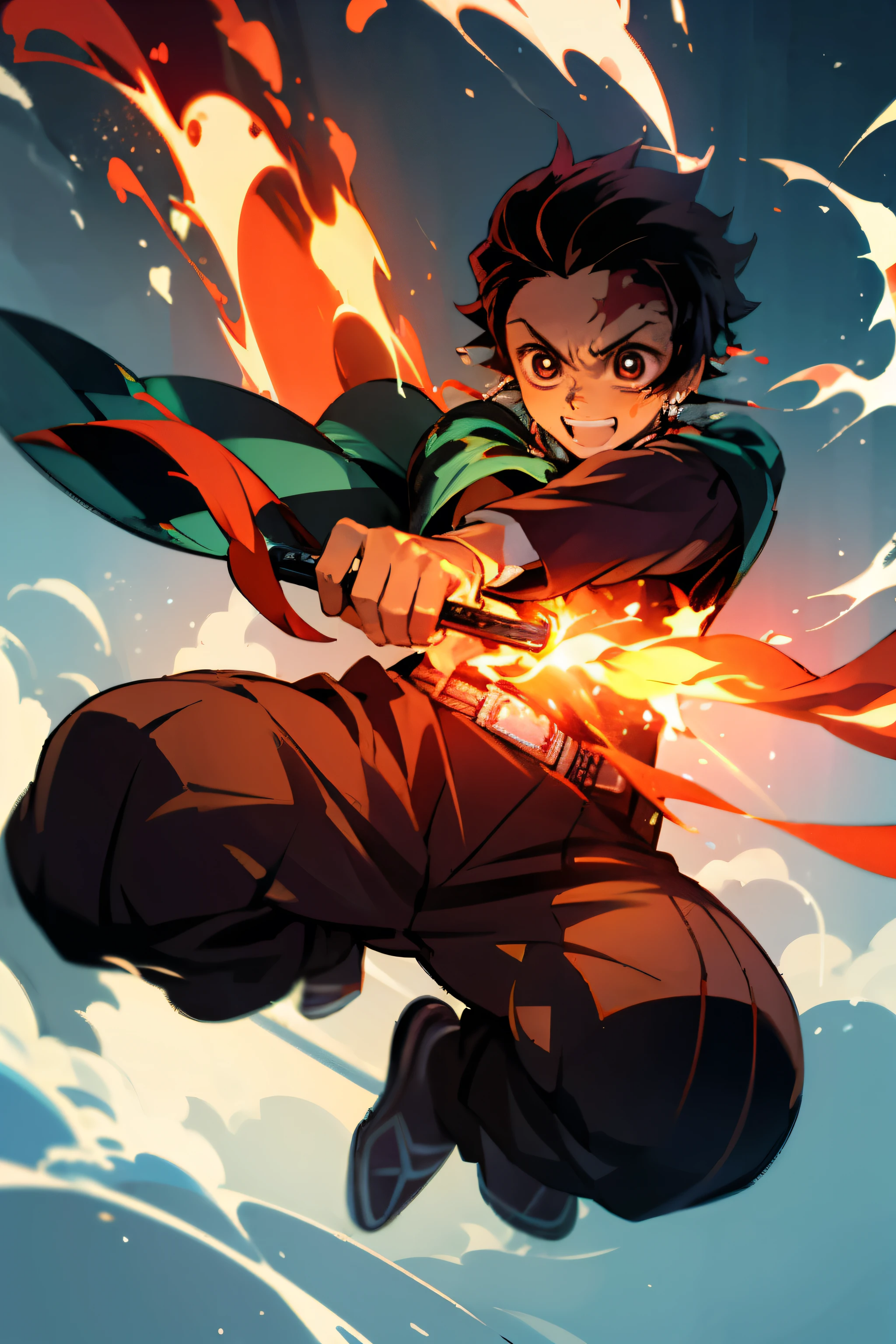 boy (first) using sword, fire coming from the sword, happy look,