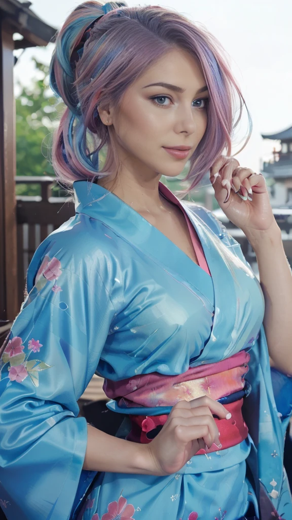 (masutepiece), (((Highest Quality)), (super detailed), 1 girl, (Iridescent hair, Colorful hair, Half blue and half pink hair: 1.2), Beautiful detailed and elaborate backgrounds、17 years old, (Yukata: 1.2), Midsummer Night、plein air, Bangs, Smile, sky-blue eyes, Perfect hands, Perfect hands, Hand Details, Corrected Fingers. earrings, Night Store + Background, up looking_in_viewer, Cowboy Shot, of the highest quality, rich detail, Perfect image quality, blue dark color、(night:1.5, Japanese Summer Festivals, Pompadour :1.3,Half-up hairstyle)