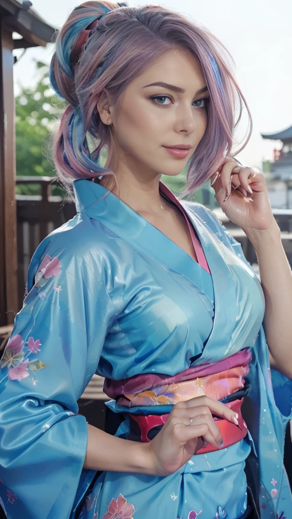 (masutepiece), (((Highest Quality)), (super detailed), 1 girl, (Iridescent hair, Colorful hair, Half blue and half pink hair: 1.2), Beautiful detailed and elaborate backgrounds、17 years old, (Yukata: 1.2), Midsummer Night、plein air, Bangs, Smile, sky-blue eyes, Perfect hands, Perfect hands, Hand Details, Corrected Fingers. earrings, Night Store + Background, up looking_in_viewer, Cowboy Shot, of the highest quality, rich detail, Perfect image quality, blue dark color、(night:1.5, Japanese Summer Festivals, Pompadour :1.3,Half-up hairstyle)