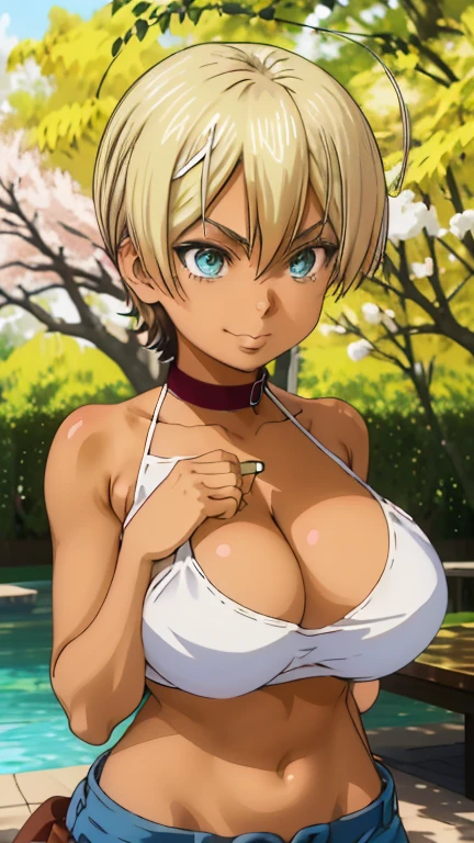 masterpiece， The best quality at the best.， 1 girl， mito ikumi ， big breasts，Off the shoulder clothing，Sexy servant，Is shy，smile，with blonde hair， long white hair， （blue eyeballs:1.4)， forehead protection， The cherry trees，Flying cherry blossoms，gray clothes. big tits, bare and muscular abdomen. scantily clad, bare tits. fur. tender, neko kawai cat ears. Ahegao, scantily clad. Wearing a crop top that covers half of her , loose and big but short top, loose top half tits cover. Posing, shy. Sexy perfect female body. underboob, underboob, underboob. fur, fur, fur. Collar de cuero marron robusto de mascota ajustado al cuello. Piel morena bronceada oscura, piel morena bronceada oscura. Piel morena bronceada oscura