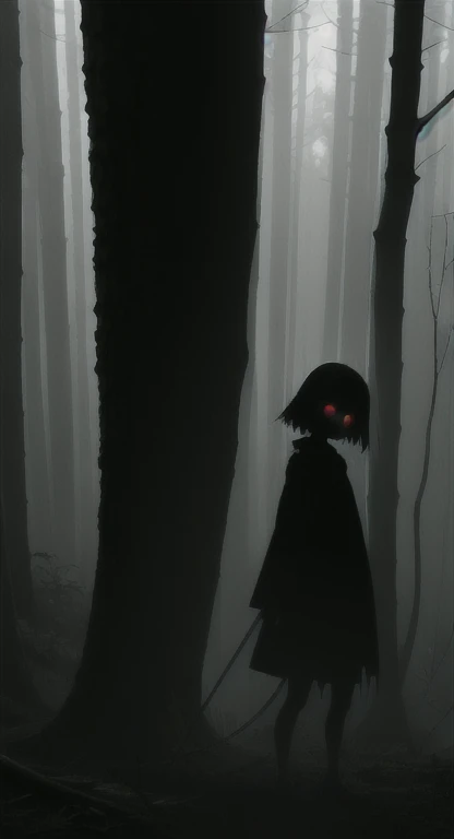 Foggy Forest, demonic silhouette, fairy shadow figure, red eyes, eyes in the fog, rotting, looking dead, torn wings,