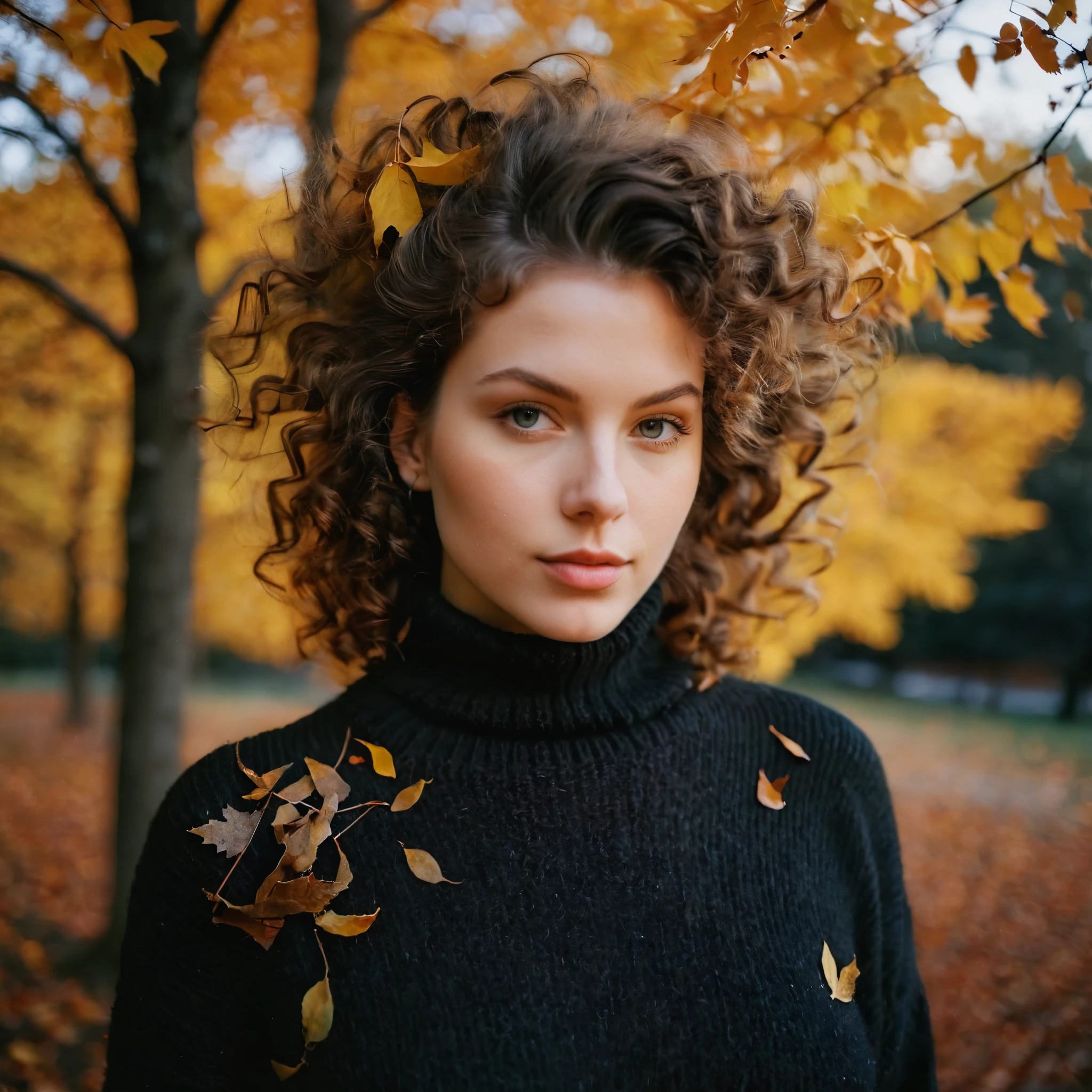 RAW Photo, portrait of European white beautiful girl, natural skin, high detailed skin, sharp eyes, reflection eyes, big breast, natural hair, | black cotton roll-neck sweater, | park, fall yellow & red leaves, winter, golden hour, | flashlight, kodak portra 160 120, film camera, Mamiya rz67 pro ii
