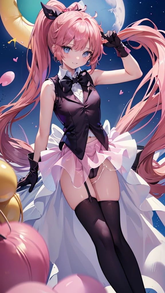 1girl, Angle from below:1.8, The girl bends forward to show off her breasts、Standing、Spread your legs, (shiny white skin:1.6)、Glowing Eyes, ((Sexy evil grin)), ( girl), Kaito Saint Tail、ponytail、breasts, pink rips, garter belt, ((((Velvet sleeveless vest, see-through)), (Velvet long gloves), (Velvet bow tie), small breasts, (Pink flared skirt)、Shiny black thigh-high socks))、thighs, ((black pantie)), ((The chest buttons are open)),The area between her breasts is exposed、 (crotch),((foot)), ((girl on top)), 1boy, penis, eject cum, Angle to look up at the crotch、Moonlit Night、Building district、rooftop、(focus crotch), (have a whip)、She is standing and giving a footjob to the penis、(footjob), 1boy, penis, ((eject cum)), 