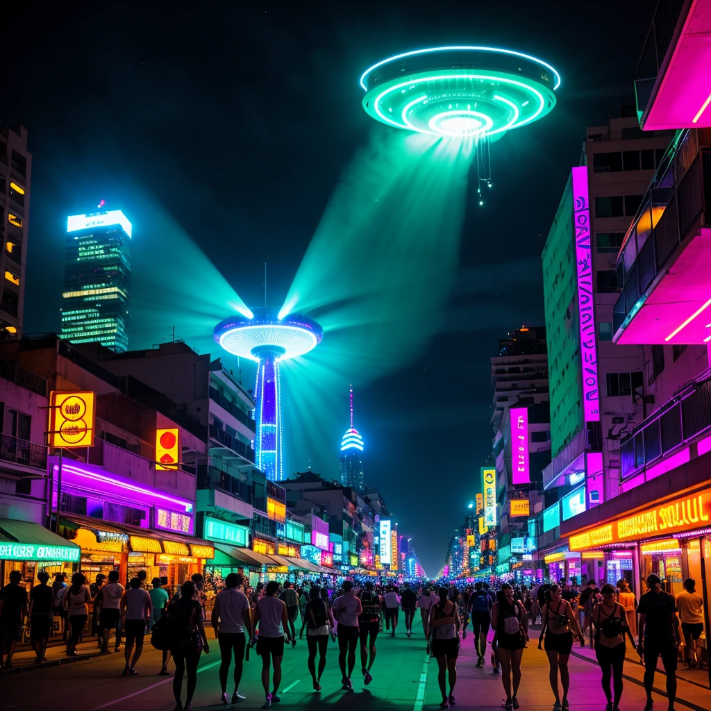 On a futuristic night in Rio de Janeiro, the city transforms into a stunning cyberpunk setting, bathed in vibrant purple neon lights, blue and green. Rio's iconic landscape shines brightly, with skyscrapers covered in bright signs and advertising holograms that dominate the horizon. Sugarloaf Mountain and Christ the Redeemer are highlighted by cyber lighting, their majestic silhouettes contrasting with the artificial glow.
Copacabana and Ipanema beaches are packed with crowds, people immersed in the pulsating energy of the night. Street vendors offer technological products and futuristic street food, while drones fly overhead to supervise the movement. Beach kiosks and bars are redesigned with a high-tech aesthetic, displaying neon signs and holographic screens that draw the crowds.
The night sky is dominated by a gigantic flying saucer, hovering silently over the city, emitting an ethereal glow that reflects off the waters of the Atlantic and the windows of skyscrapers. The sound of electronic music resonates through the streets, mixed with the buzz of conversations and the hum of machines. Autonomous vehicles glide along the avenues, and the brightness of the lights reflects on the surrounding glass and metal surfaces.
The presence of the flying saucer adds an element of mystery and fascination, capturing the imagination of everyone below. The atmosphere is vibrant and chaotic, with a mix of Rio tradition and intense futurism. The city's energy never sleeps, capturing the essence of a Rio de Janeiro reimagined in a cyberpunk future, where advanced technology and extraterrestrial elements merge into a stunning visual spectacle.