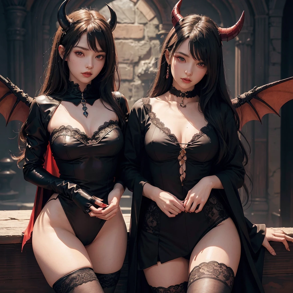 Woman, succubus, 21 years old, DARK red flesh, on light brown paper, World of Warcraft art, shows full body, perfect anatomy, perfect face, very bright red eyes, she has 2 black thin horns, 2 large bat like wings color red, a long and thin red tail, the image shows a completely naked body, NSFW art, (The only clothes she is wearing are: a sailor collar that has a ruby in the center, she wears black lace gloves that reach her elbows, she wears black lace stockings up to mid thigh, black gothic knee high boots), The image looks forward with an elegant but at the same time sensual and provocative body posture, The full body is shown, inserts a background image of the hall of the infernal palace,