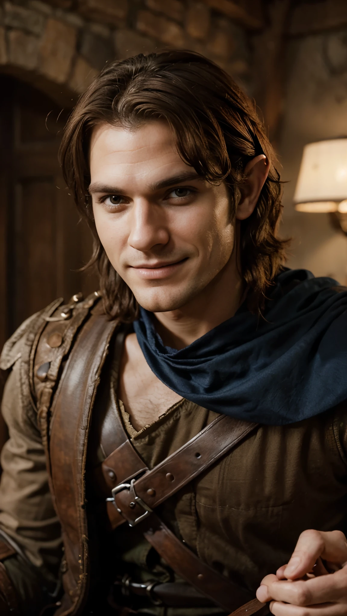 Half-Elf, male, rogue swashbuckler with brown hair, 27 years of age. He looks mischievous. He is laughing. He looks like Henry Cavill.