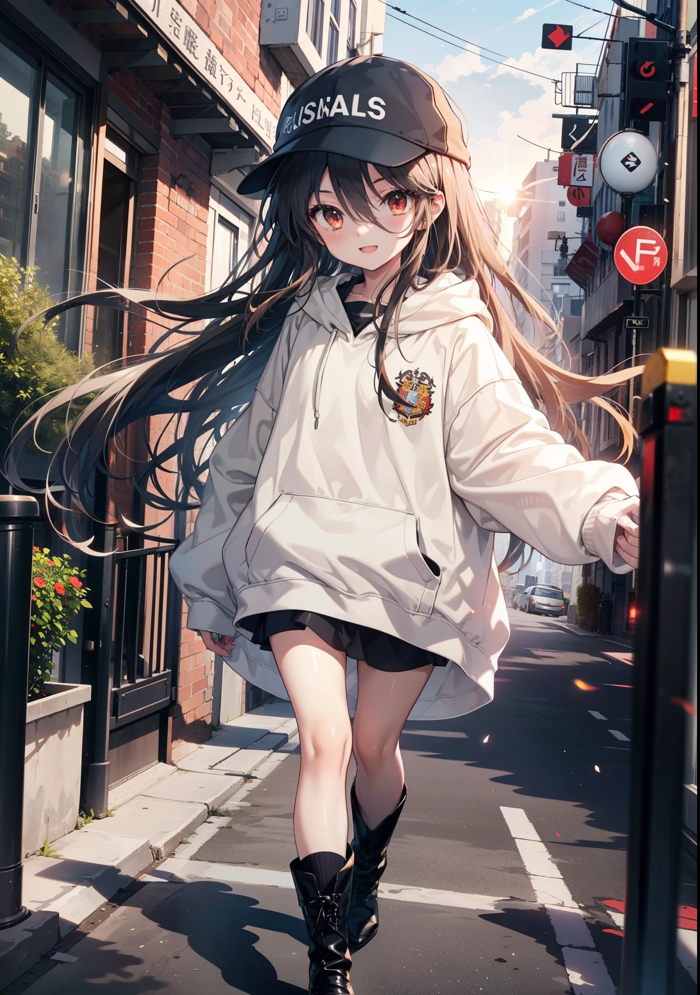 Shana,灼眼のShana,Long Hair, Redhead, Red eyes,happy smile, smile, Open your mouth,Oversized red hoodie,Baseball hats,mini skirt,black tights,short boots,Walking,morning陽,morning,The sun is rising,whole bodyがイラストに入るように, break outdoors, Building district, break looking at viewer, whole body, break (masterpiece:1.2), Highest quality, High resolution, unity 8k wallpaper, (shape:0.8), (Beautiful attention to detail:1.6), Highly detailed face, Perfect lighting, Highly detailed CG, (Perfect hands, Perfect Anatomy),