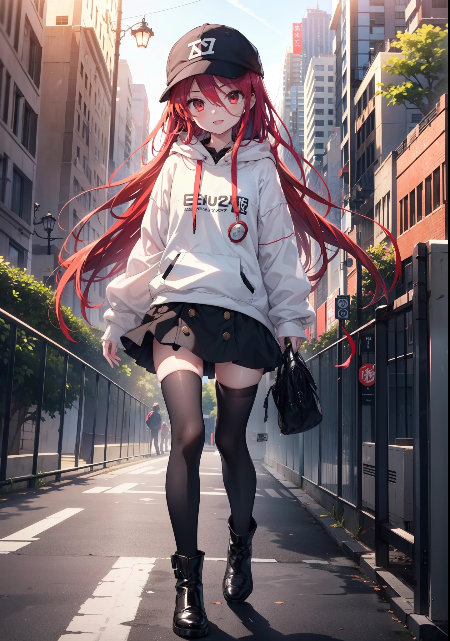 Shana,灼眼のShana,Long Hair, Redhead, Red eyes,happy smile, smile, Open your mouth,Oversized red hoodie,Baseball hats,mini skirt,black tights,short boots,Walking,morning陽,morning,The sun is rising,whole bodyがイラストに入るように, 　　　　　　　break outdoors, Building district, 　　　　　　　　　　　break looking at viewer, whole body, 　　　　　　　　break (masterpiece:1.2), Highest quality, High resolution, unity 8k wallpaper, (shape:0.8), (Beautiful attention to detail:1.6), Highly detailed face, Perfect lighting, Highly detailed CG, (Perfect hands, Perfect Anatomy),