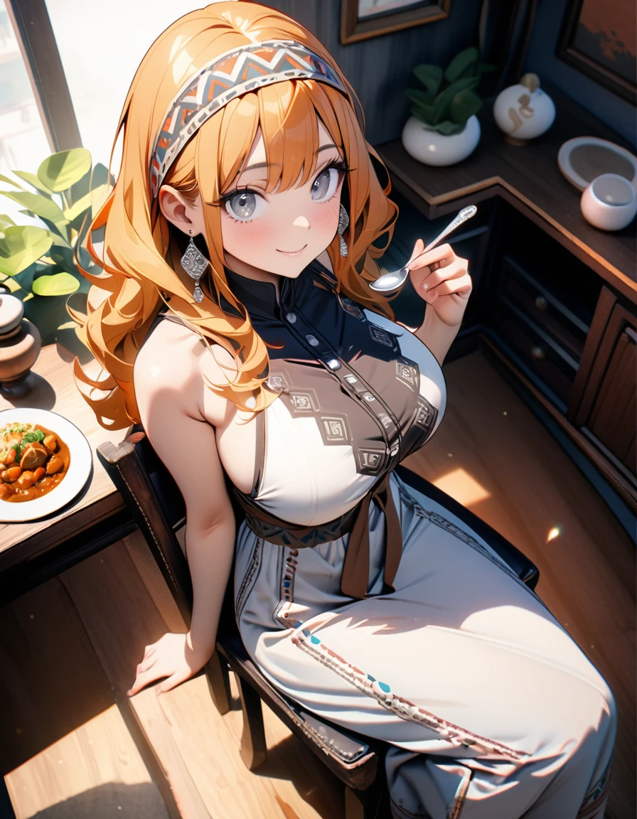 (8K, best quality, master piece: 1.2),super high resolution,1 girl,solo,16yo,ultra-detailed face,detailed eyes,Grey eyes,curly hair,long hair,orange hair,lash extension,big breasts,bohemian pattern no sleeve maxi dress,bohemian pattern band,anasitting on chair,bohemian earrings,perfect fingers,smile,holding spoon,sitting on chair,1 plate on curry rice,Ganesha figurine on the windowsill,From above,Studio Light,indoors bohemian living room