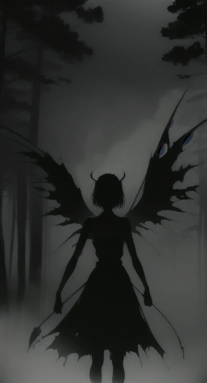 Foggy Forest, demonic silhouette, fairy shadow figure, red eyes, eyes in the fog, rotting, looking dead, torn wings, 