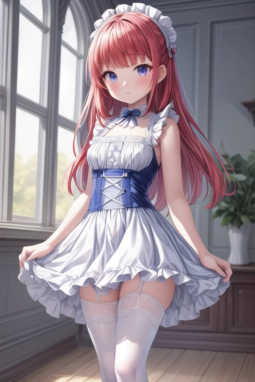 (work of art, best qualityer), 1 girl, blue and white dress with ruffles, (white stockings), Red hair, longye hair,  cute face, standing, hinterland, intricate-detail, lighting sun, violet eyes