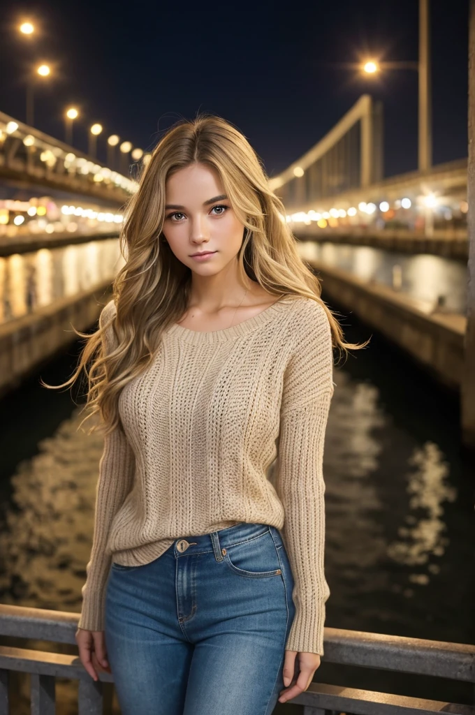Portrait of a 22 year old girl, with loose, slightly wavy blonde hair, brown eyes that catch the light and an intriguing expression with a soft smile. She wears a beige knit top with a subtle pattern and fitted jeans.. Your gaze is directed to something out of frame, suggesting contemplation. The background shows an urban bridge at dusk, with streetlights starting to come on and the reflection of the lights in the water, giving an air of tranquility and mystery.