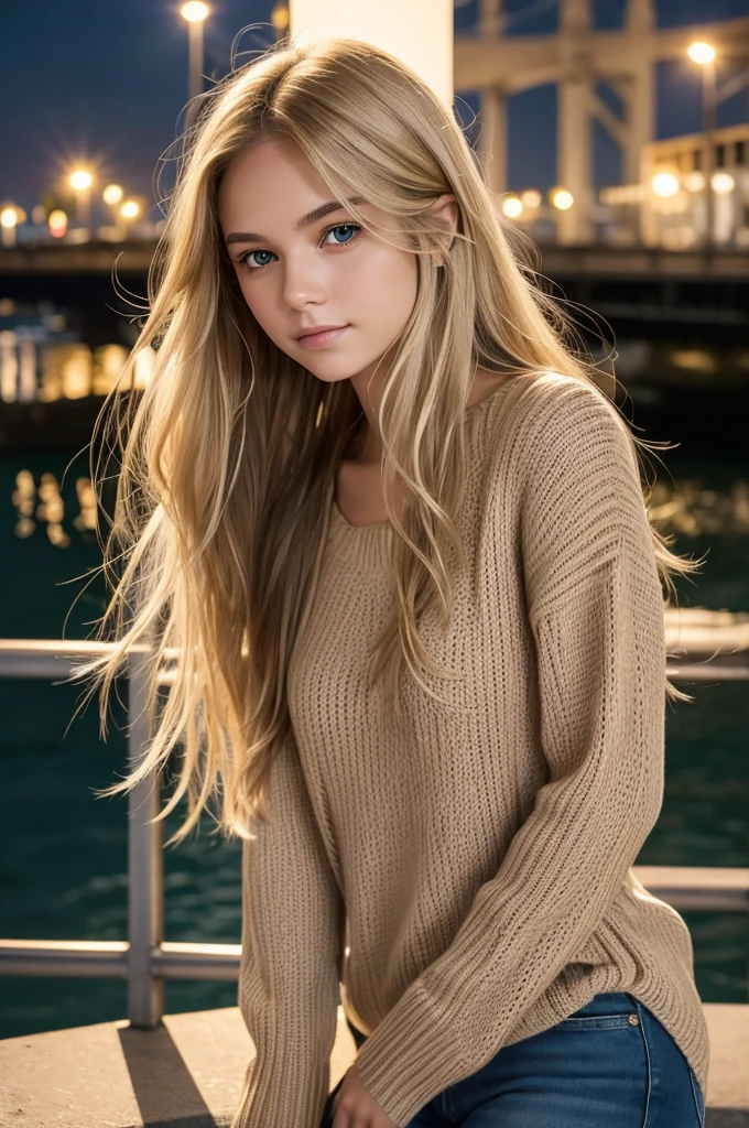 Portrait of a 22 year old girl, with loose, slightly wavy blonde hair, brown eyes that catch the light and an intriguing expression with a soft smile. She wears a beige knit top with a subtle pattern and fitted jeans.. Your gaze is directed to something out of frame, suggesting contemplation. The background shows an urban bridge at dusk, with streetlights starting to come on and the reflection of the lights in the water, giving an air of tranquility and mystery.