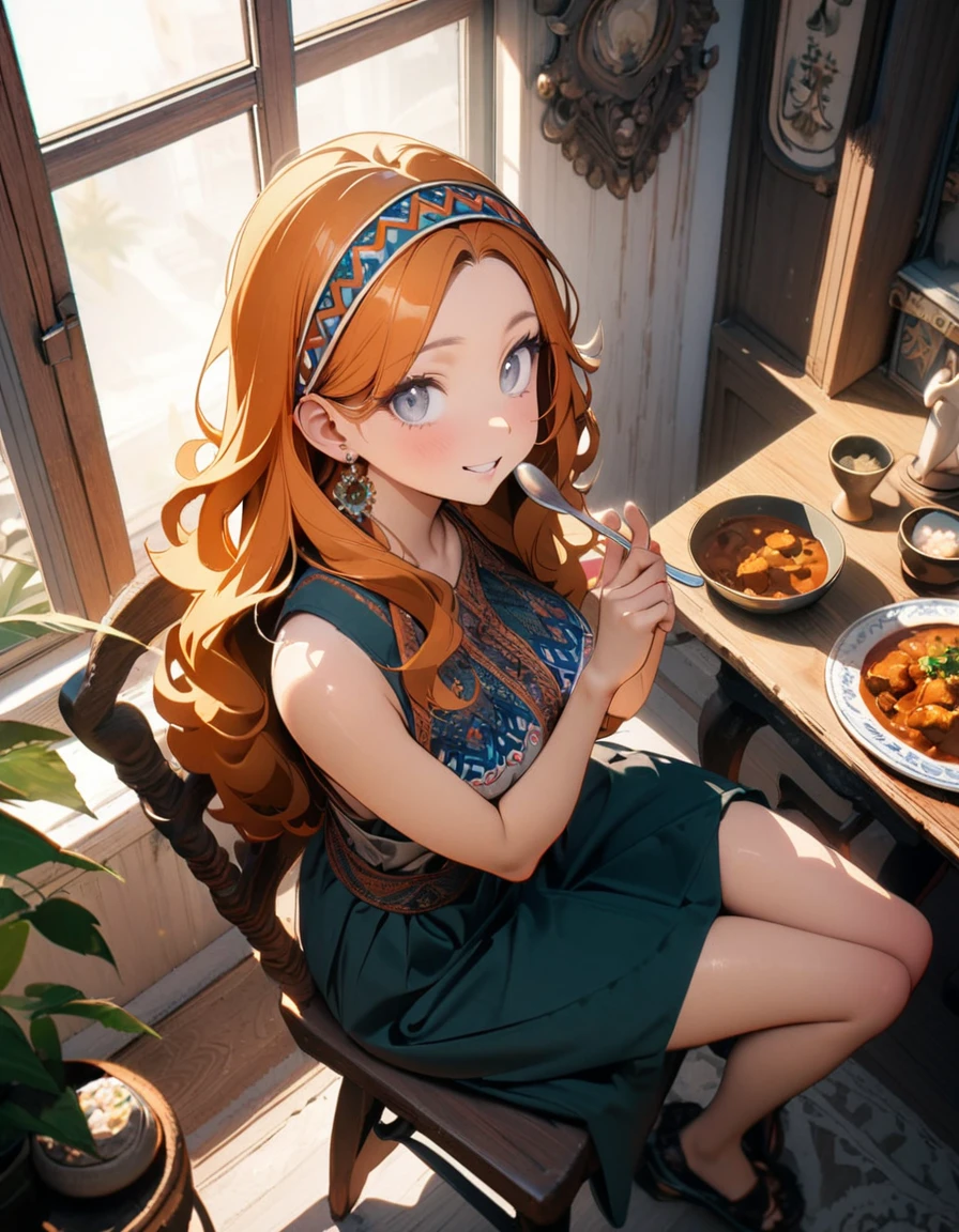 (8K, best quality, master piece: 1.2),super high resolution,1 girl,solo,16yo,ultra-detailed face,detailed eyes,Grey eyes,curly hair,long hair,orange hair,lash extension,big breasts,bohemian pattern no sleeve maxi dress,bohemian pattern band,anasitting on chair,bohemian earrings,perfect fingers,smile,holding spoon,sitting on chair,one plate on curry rice,Ganesha figurine on the windowsill,From above,Studio Light,indoors bohemian living room