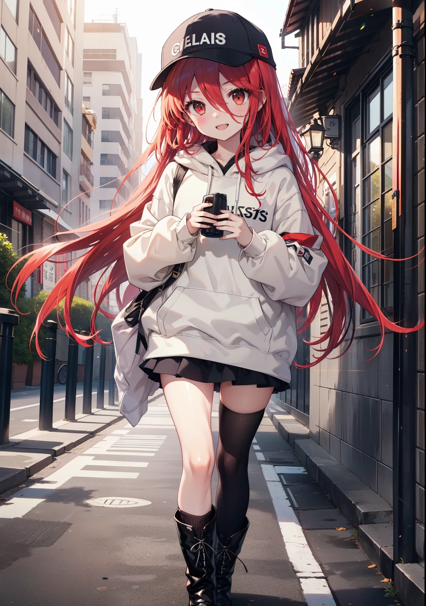 Shana,灼眼のShana,Long Hair, Redhead, Red eyes,happy smile, smile, Open your mouth,Oversized red hoodie,Baseball hats,mini skirt,black tights,short boots,Walking,morning陽,morning,The sun is rising,whole bodyがイラストに入るように, 　　　　　　　break outdoors, Building district, 　　　　　　　　　　　break looking at viewer, whole body, 　　　　　　　　break (masterpiece:1.2), Highest quality, High resolution, unity 8k wallpaper, (shape:0.8), (Beautiful attention to detail:1.6), Highly detailed face, Perfect lighting, Highly detailed CG, (Perfect hands, Perfect Anatomy),