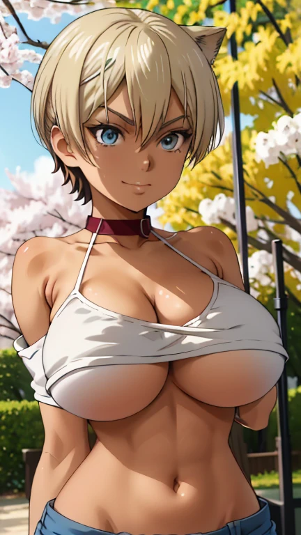 masterpiece， The best quality at the best.， 1 girl， mito ikumi ， big breasts，Off the shoulder clothing，Sexy servant，Is shy，smile，with blonde hair， long white hair， （blue eyeballs:1.4)， forehead protection， The cherry trees，Flying cherry blossoms，gray clothes. big tits, bare and muscular abdomen. scantily clad, bare tits. fur. tender, neko kawai cat ears. Ahegao, scantily clad. Wearing a crop top that covers half of her , loose and big but short top, loose top half tits cover. Posing, shy. Sexy perfect female body. underboob, underboob, underboob. fur, fur, fur. Collar de cuero marron robusto de mascota ajustado al cuello. Piel morena bronceada oscura, piel morena bronceada oscura. Piel morena bronceada oscura