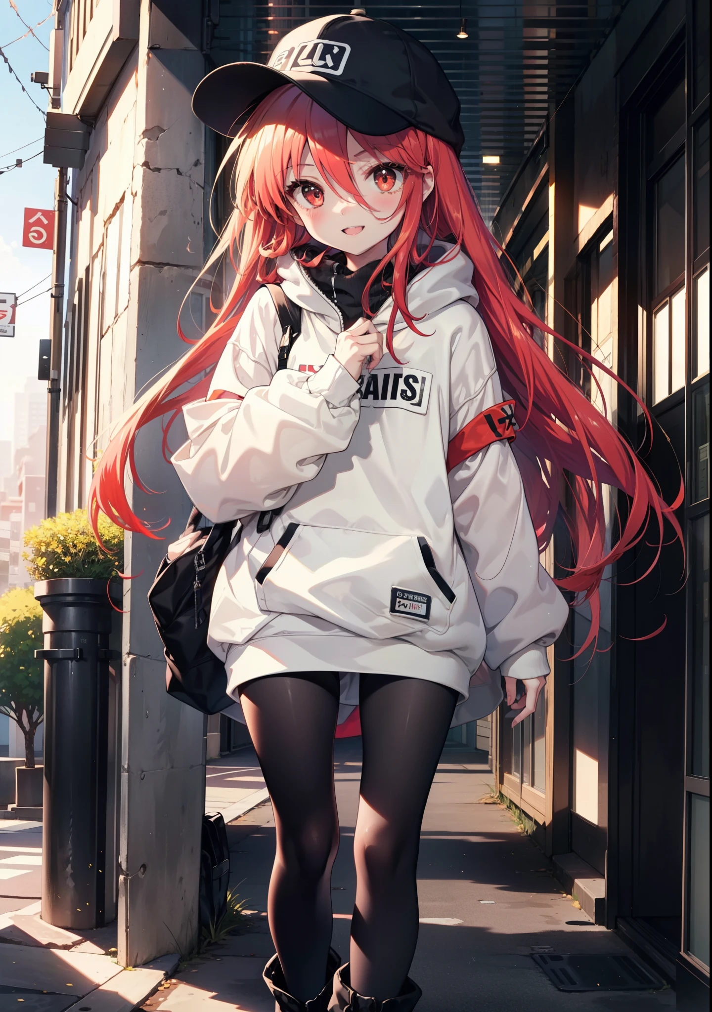 Shana,灼眼のShana,Long Hair, Redhead, Red eyes,happy smile, smile, Open your mouth,Oversized red hoodie,Baseball hats,mini skirt,black tights,short boots,Walking,morning陽,morning,The sun is rising,whole bodyがイラストに入るように, break outdoors, Building district, break looking at viewer, whole body, break (masterpiece:1.2), Highest quality, High resolution, unity 8k wallpaper, (shape:0.8), (Beautiful attention to detail:1.6), Highly detailed face, Perfect lighting, Highly detailed CG, (Perfect hands, Perfect Anatomy),