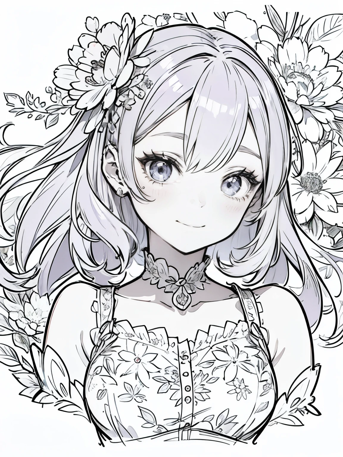 Anime girl with white hair in bob hairstyle and wearing a red dress, Anime Drawings, Anime Goddess, purple eyes and dress, Wear a dress, dress, Silver Hair, Beautiful anime artwork, Beautiful floral background, pretty girl, smile, Strong outline, most flower details, flower details, flower details,Colorful，Colorful，Colorful