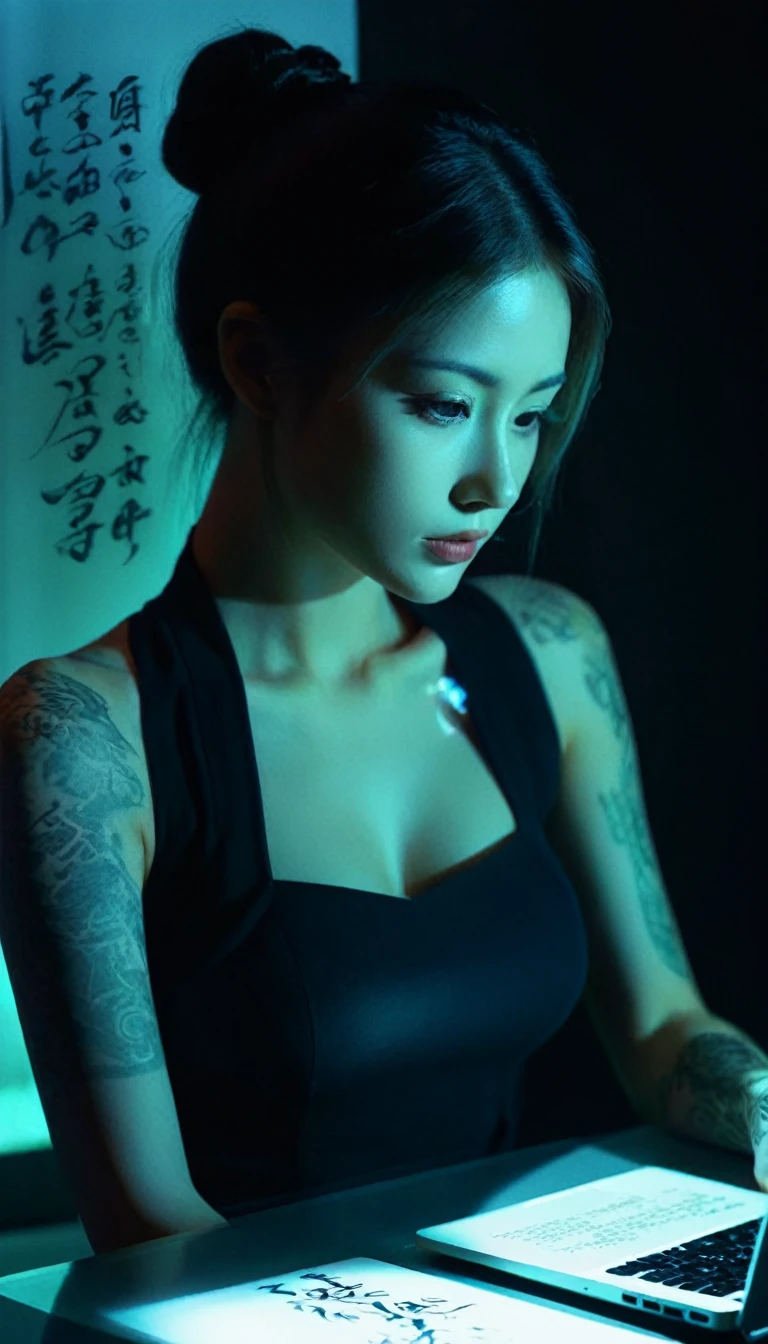 Double exposure style,Volumetric lighting,girl (Supermodel) with laptop,Arch your back, Beautiful Tattoos, Traditional Costume,Artistic calligraphy and ink,Depth of light,Lighting with a dramatic atmosphere,Volumetric lighting,Double Image Ghosting Effect,Image combinations,Double exposure style,