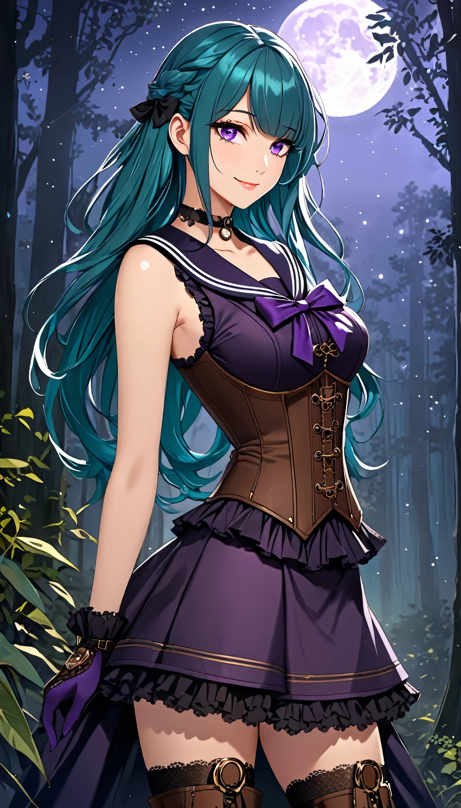 masterpiece, high quality, standing, 1_women, (upper body), (((looking_away_from_viewer))), (looking away), teal hair), long hair, cute bangs, flowing hair, (exotic skin_complexion:1.4),mature, tall, diamond shaped eyes, (((purple eyes))), dark_eyeliner, long_eyelashes), (purple fingerless_gloves), beautiful, exotic, elegant, slim, (((sailor collar))), black thigh highs, choker, medium bust, (brown steampunk corset), black Lolita style skirt, knee high heel with laces, (sleeveless), natural dynamic lighting, ((smirking)), steampunk, dark forest, fog, outside at night, starry night, full moon,