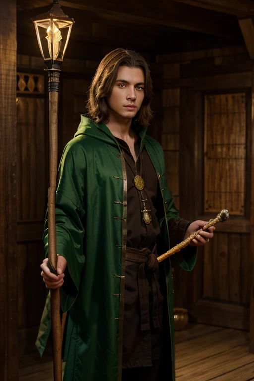 A young man of slim build, with brown hair and bright green eyes. Wear mage robes with embroidered golden runes, and he always carries with him an old wooden cane with a crystal at the end..