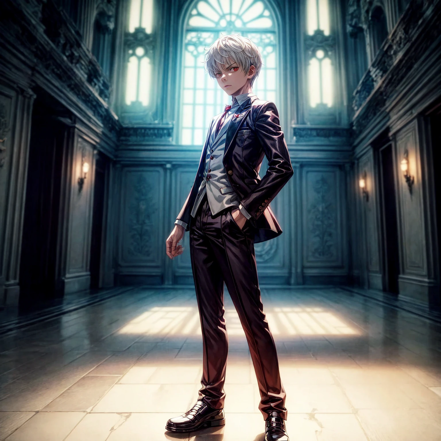 Solo, ??? vampire, ??? boy, Full body version, light red eyes, short haircut, white color hair, suit style outfit, Grassroots, full background indoor room Castle, motion blur, lighting, (one piece style art), standing gesture