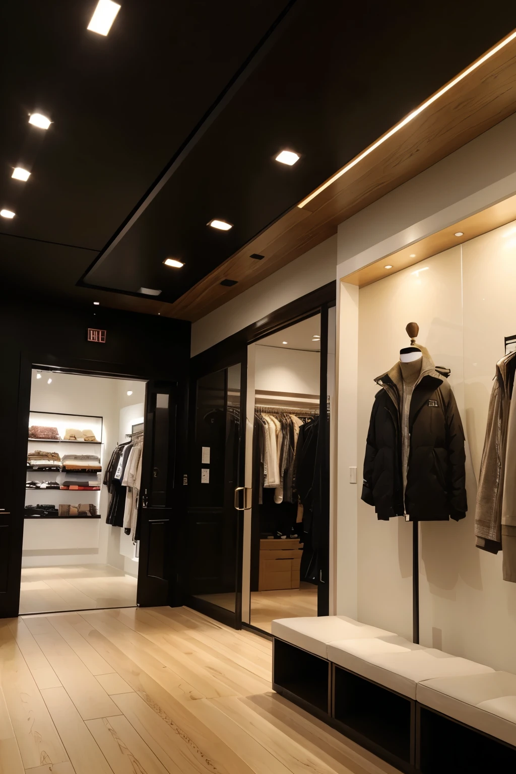 Create a clothing store for me, but a lighting system that will make the design of the store feel stylish and special, but the system should be in harmony with the closed coffee tones, gold and wood should be used, the exterior of the store should show that it is famous and luxurious, but the colors inside should be compatible, after entering the entrance, seating sets on the right and left. There should be tables, but they should be compatible with the interior. There should be specially designed and not for sale clothes in a glass stand on the right and left, 5 meters away from the seating area. There should be separate dressing rooms for men and women on the right and left. There should be MR.MEC written at the entrance and there should be no white colors in the store.