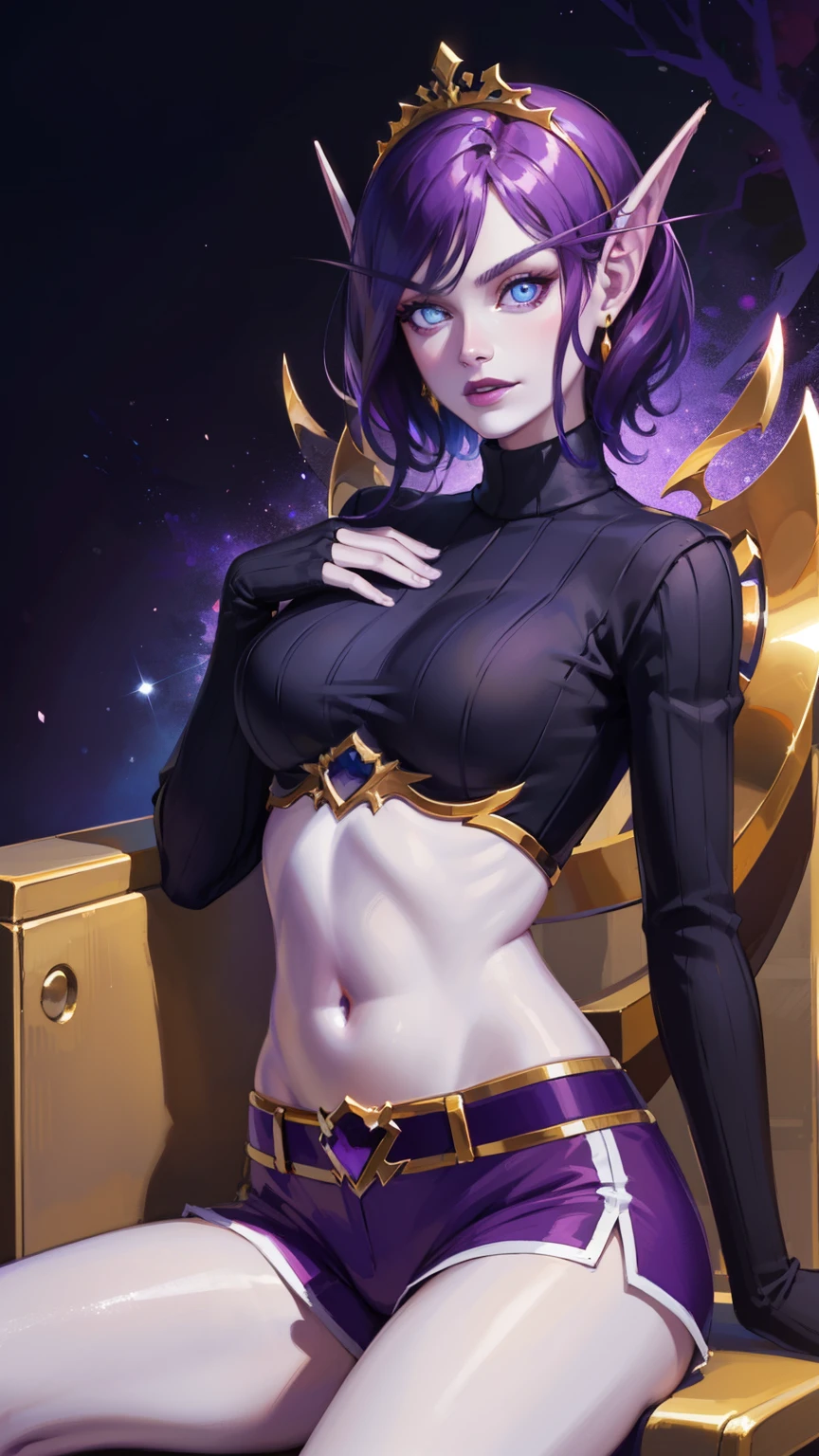 (8K, RAWphotograph, highest quality, masterpiece:1.2), High resolution, Super detailed, intricate details, disorganized, masterpiece, break , beautiful detailed woman, beautifully detailed mouth, highly detailed eyes and face, beautiful and fine eyes, 20 years old girl, (1girl, purple hair, short hair, spiral eyes, smirk, lustful eye, purple lip, licking lips, Tounge out) (digital) (sitting on chair) (looking at viewer), (Purple Forest background), (Gold tiara) (purple Puffy shorts) (Purple Puffy sweater)) , best quality, blue eyes, pointy ears, colored skin, blue skin, sleeves, gloves, Purple clothes, semi crop top, gold trim, voidelf