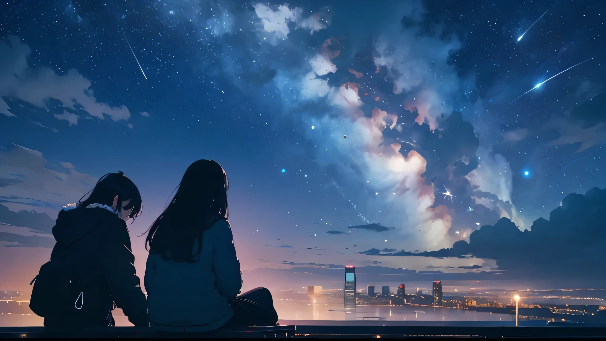 Octane, null, star (null), scenery, starry null, night, One girl, night null, alone, Outdoor, building, cloud, milky way, Sitting, wood, Long Hair, city, silhouette, cityscape